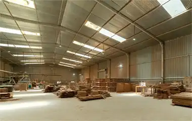 Interior view of Hanubal’s wooden fitness equipment manufacturing factory in Jodhpur, India